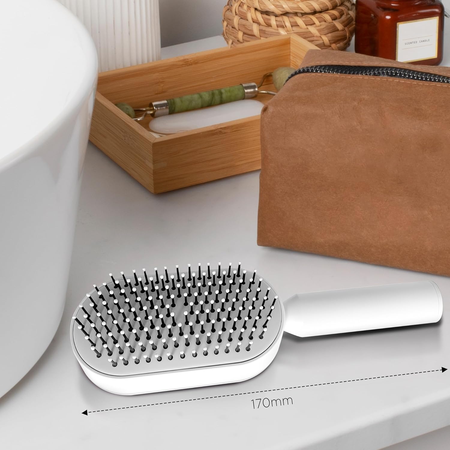 White Self-Cleaning Hair Brush, 3D Air Cushion Design, Detangling Paddle Brush with Holder, All Hair Type (WHITE)